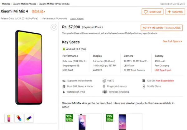 Смартфон Xiaomi Mi Mix 4: з’явились характеристики і ціна