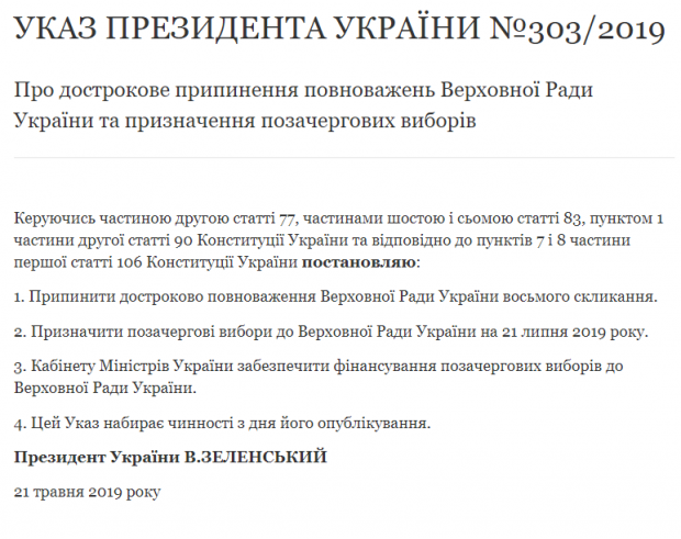 Зеленский подписал указ о роспуске Верховной Рады